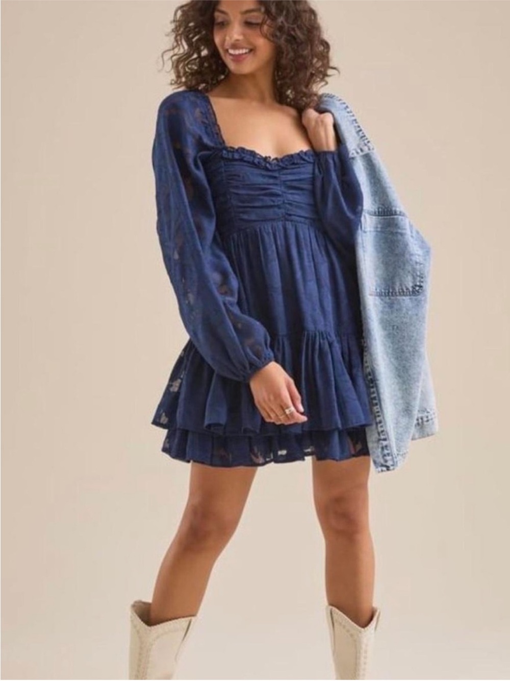 NWT Altar'd State Clairyn Tiered Mini Dress in Navy Blue Size S